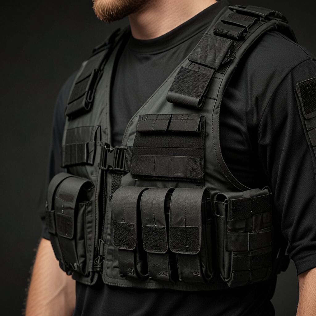Vest carrier shown with tactical gear